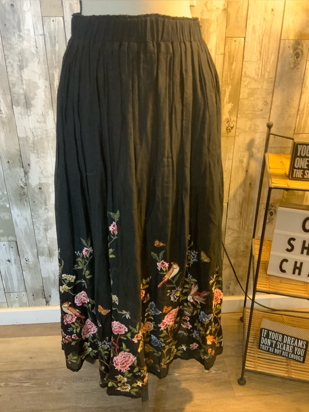 Sundance Black Maxi Skirt with Multicolor Floral & Bird Embroidery
